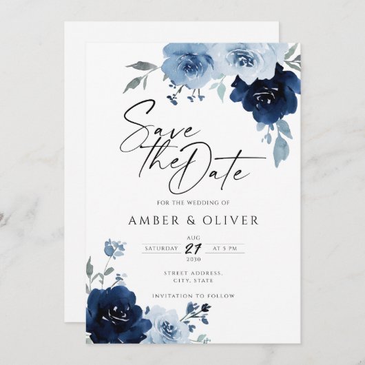 ダスティブルーネイビーエレガントライトフローラ保存日 招待状 (正面/裏面)