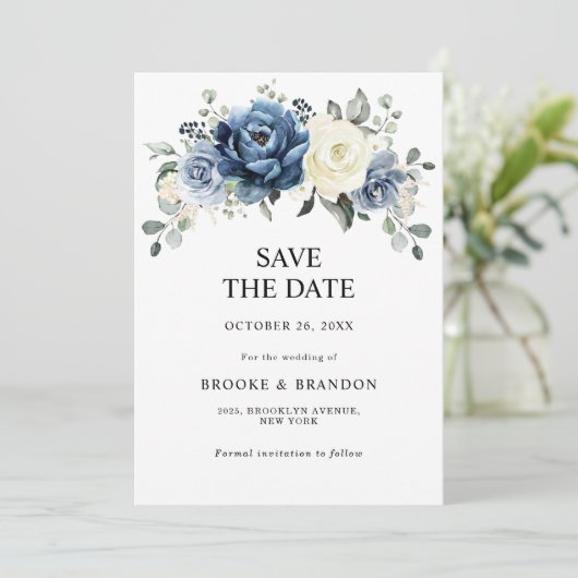 ダスティブルーネイビーシャンパンアイボリー結婚フローラのSav セーブザデート (スタンド正面)