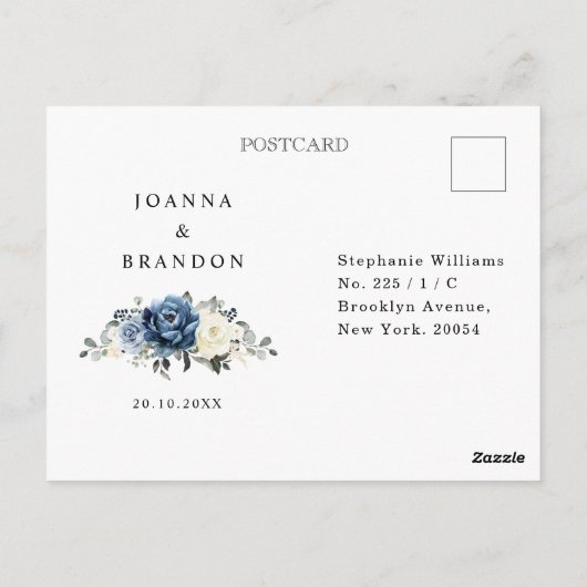 ダスティブルーネイビーシャンパーニュアイボリーウェディングRSVP ポストカード (裏面)