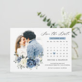 ダスティブルーネイビーシャンパーニュアイボリーフローラカレンダー セーブザデート (スタンド正面)