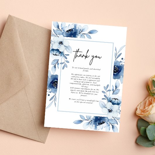 ダスティブルーネイビーシャンパーニュアイボリーフローラ結婚ズ サンキューカード