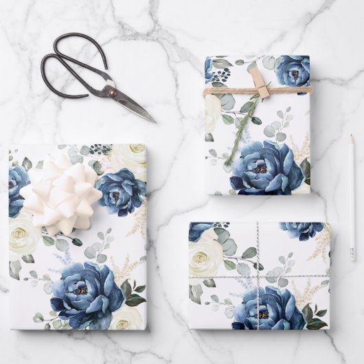 ダスティブルーネイビーシャンパーニュアイボリーフローラ結婚ズ ラッピングペーパーシート (正面)