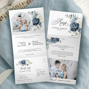 ダスティブルーネイビーシャンパーニュアイボリーフローラ結婚ズ 三つ折り案内状