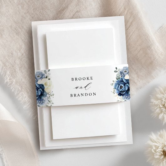 ダスティブルーネイビーシャンパーニュアイボリーフローラ結婚ズ 招待状ベリーバンド