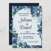 ダスティブルーネイビーシャンパーニュアイボリーフローラ結婚ズ 招待状 (正面/裏面)