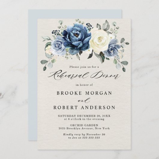 ダスティブルーネイビーシャンパーニュアイボリーリハーサルディナーI 招待状 (正面/裏面)