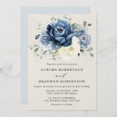 ダスティブルーネイビーシャンパーニュアイボリー結婚フローラのInv 招待状 (正面/裏面)