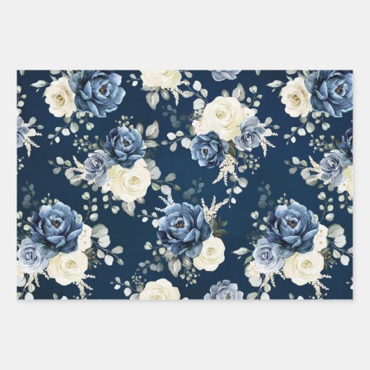 ダスティブルーネイビーシャンパーニュアイボリー結婚フローラズラ ラッピングペーパーシート (正面)