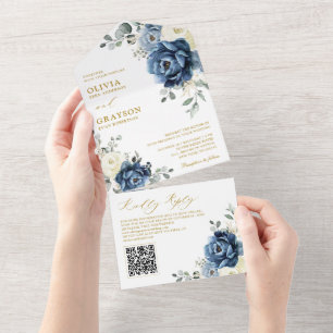 ダスティブルーネイビーシャンパーニュ結婚アイボリーのQRコード オールインワン招待状