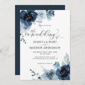ダスティブルーネイビーダーク石板フローラパステル結婚ズ 招待状 (正面/裏面)