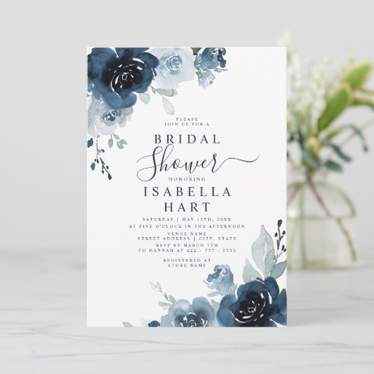 ダスティブルーネイビーパステル石板フローラブライダルシャワー 招待状 (スタンド正面)