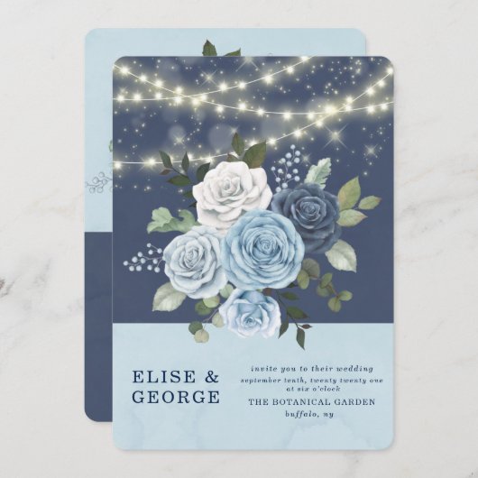 ダスティブルーネイビーピーニーカントリーライト結婚ズ 招待状 (正面/裏面)