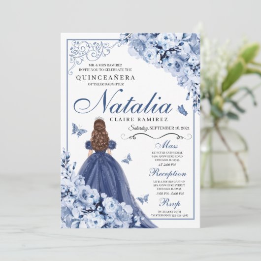 ダスティブルーネイビーフラワーズティアラキンセアニラ 招待状 (スタンド正面)