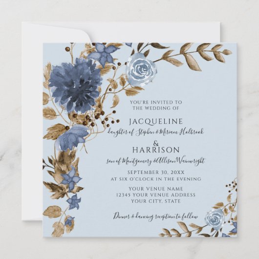 ダスティブルーネイビーフローラアーストーングリーン結婚リーズ 招待状 (正面)