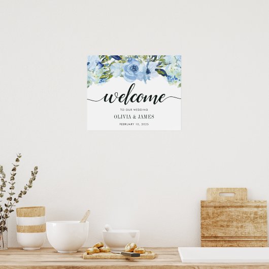 ダスティブルーネイビーフローラバラ結婚のウェルカムサイン ポスター (キッチン)