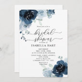 ダスティブルーネイビーフローラフラワーズボホブライダルシャワー 招待状 (正面/裏面)