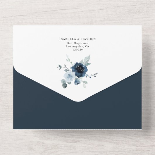 ダスティブルーネイビーフローラボホボタニカルウェディングRSVP オールインワン招待状 (裏面)