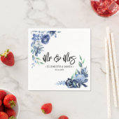 ダスティブルーネイビーフローラミスター&ミセス結婚ズ スタンダードカクテルナプキン (インサイチュ)