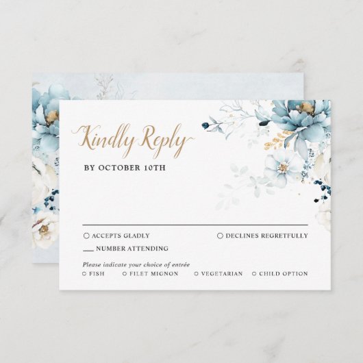 ダスティブルーネイビーホワイトアイボリー金ゴールド結婚フローラのRS 出欠カード (正面/裏面)