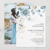 ダスティブルーネイビーホワイトアイボリー金ゴールド結婚フローライン 招待状 (正面/裏面)