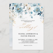 ダスティブルーネイビーホワイトアイボリー金ゴールド結婚フローライン 招待状 (正面/裏面)