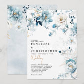 ダスティブルーネイビーホワイトアイボリー金ゴールド結婚フローライン 招待状 (正面/裏面)