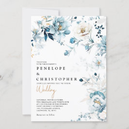 ダスティブルーネイビーホワイトアイボリー金ゴールド結婚フローライン 招待状