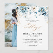 ダスティブルーネイビーホワイトアイボリー金ゴールド結婚フローライン 招待状 (正面/裏面)