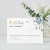 ダスティブルーネイビーホワイトアイボリー金ゴールド結婚フローラ 出欠カード (スタンド正面)