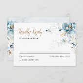 ダスティブルーネイビーホワイトアイボリー金ゴールド結婚フローラ 出欠カード (正面/裏面)