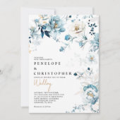 ダスティブルーネイビーホワイトアイボリー金ゴールド結婚フローラ 招待状 (正面)