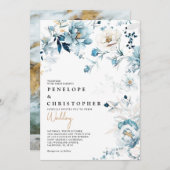 ダスティブルーネイビーホワイトアイボリー金ゴールド結婚フローラ 招待状 (正面/裏面)