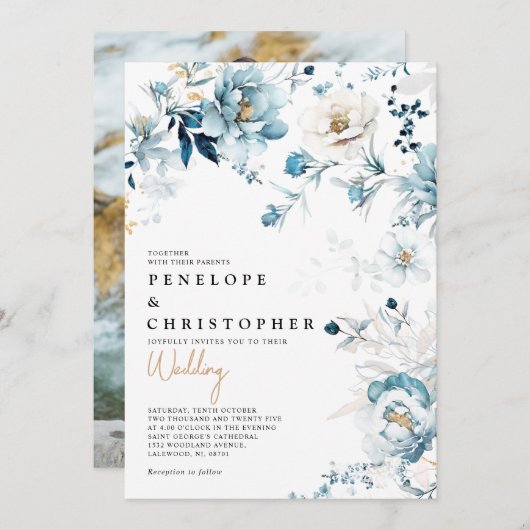 ダスティブルーネイビーホワイトアイボリー金ゴールド結婚フローラ 招待状 (正面/裏面)