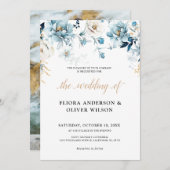 ダスティブルーネイビーホワイトアイボリー金ゴールド結婚フローラ 招待状 (正面/裏面)
