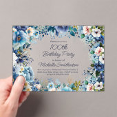 ダスティブルーネイビーホワイトフローラ100誕生日 アクリル招待状 (インサイチュ (ポータブル))