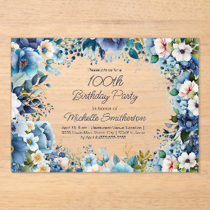 ダスティブルーネイビーホワイトフローラ100誕生日 アクリル招待状