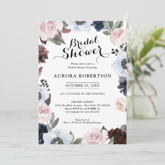 ダスティブルーネイビーメイブと赤面ピンクブライダルシャワー 招待状 (スタンド正面)