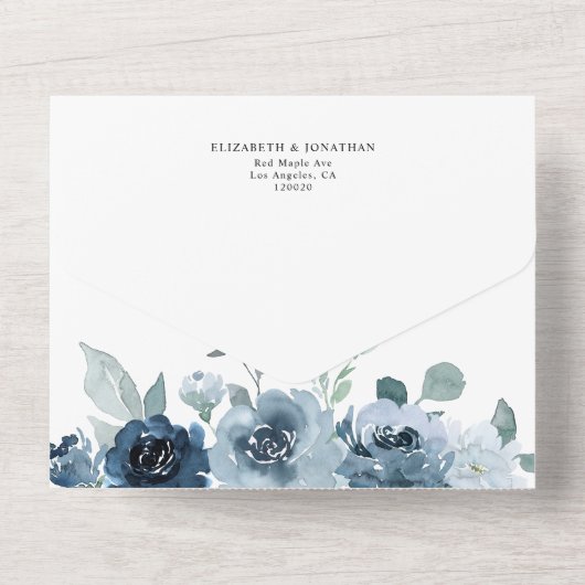 ダスティブルーネイビー石板フローラ結婚の詳細RSVP オールインワン招待状 (裏面)