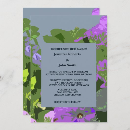 ダスティブルーバイオレットフローラ抽象芸術エレガントな結婚式 招待状 (正面/裏面)