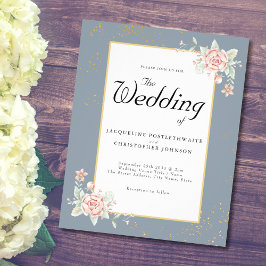 ダスティブルーバジェット結婚式招待状ピンク牡丹 チラシ