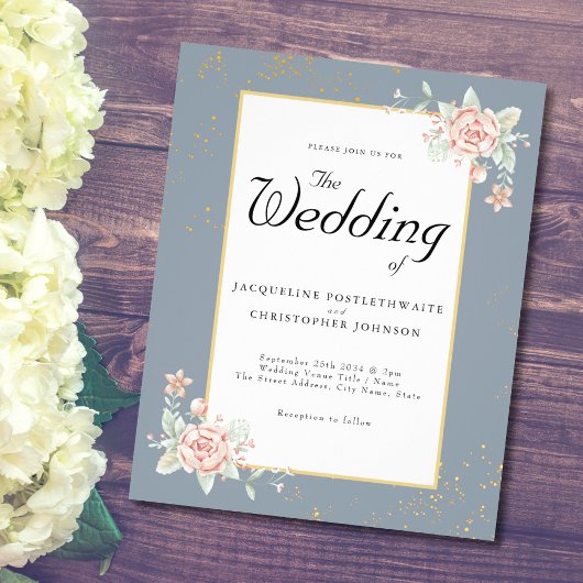 ダスティブルーバジェット結婚式招待状ピンク牡丹 チラシ