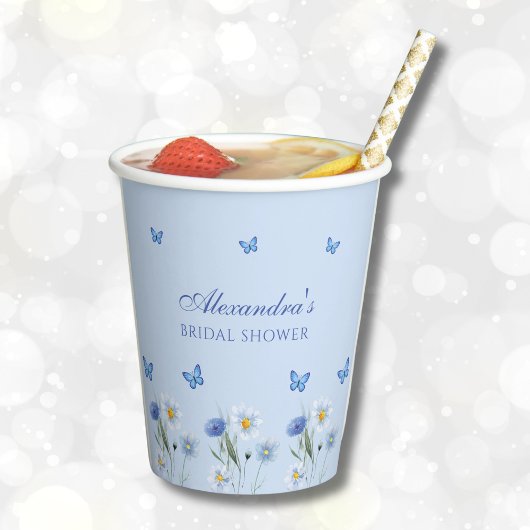 ダスティブルーバタフライワイルドフラワーブライダルシャワー 紙コップ