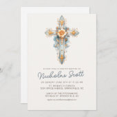 ダスティブルーバプテスマフローラクロスバプテスマ招待状 招待状 (正面/裏面)