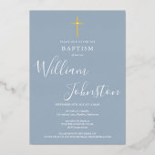 ダスティブルーバプテスマ《キリスト教》洗礼式や命名式エレガント金ゴールドクロス 箔招待状 (正面)