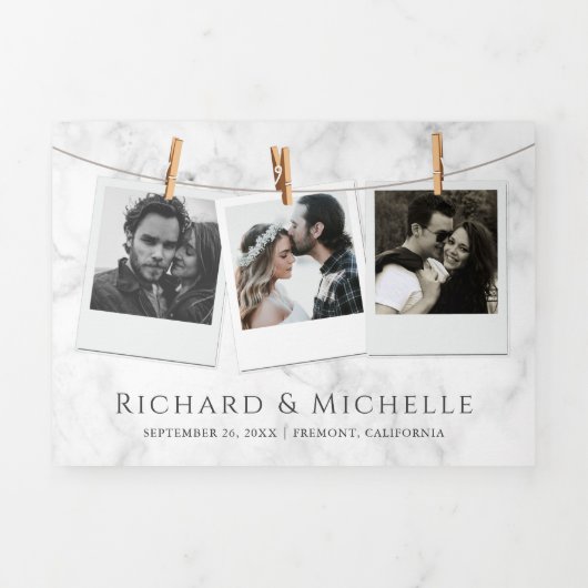 ダスティブルーバラフローラフォトホワイトマーブル結婚ズ 三つ折り招待状 (カバー)