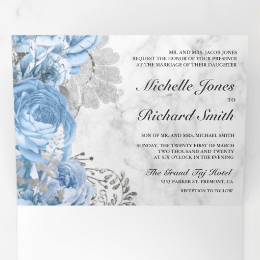 ダスティブルーバラフローラフォトホワイトマーブル結婚ズ 三つ折り招待状 (内部最初)