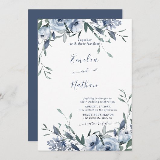 ダスティブルーバラフローラ結婚式招待状 招待状 (正面/裏面)