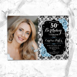 ダスティブルーバラブラックダマスク写真50誕生日 招待状<br><div class="desc">エレガントフローラ50歳のフェミニン誕生日の招待状と写真。グラム白黒軽い埃の多い青いデザインとフェイクグリッター銀。黒と白のダマスクパターン、青いバラ、スクリプトフォントと紙吹雪を備えている。大人スタイリッシュのお祝いパーティーに最適。独自の詳細でパーソナライズどんなカスタマイズ年でもいい！印刷されたZazzle招待状または即時ダウンロードのデジタル印刷可能なテンプレート。</div>