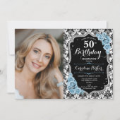 ダスティブルーバラブラックダマスク写真50誕生日 招待状 (正面)