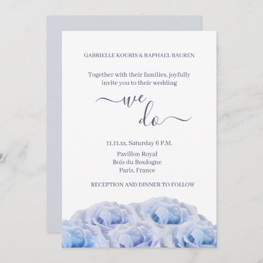 ダスティブルーバラホワイトエレガントフローラ結婚ズ 招待状 (正面/裏面)